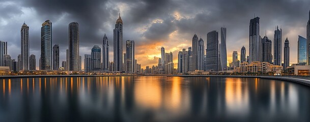 Wall Mural - dramatic sunset cityscape reflected in calm waters; modern skyscrapers.