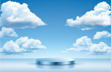 Wall Mural - a round, light-blue platform sits on a reflective surface against a backdrop of a bright blue sky an