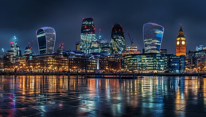 Wall Mural - night cityscape panorama of london skyline reflecting on wet ground, featuring iconic skyscrapers an