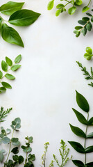 Poster - Variety of fresh green leaves making a frame on a white textured background, creating copy space in the center