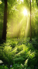 Aufkleber - Beautiful sunbeams shining through trees in a green forest illuminating ferns and wildflowers