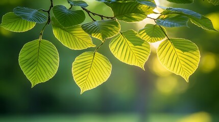 Sunlit Green Leaves on Tree Branch Creating Natural Background Effect