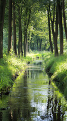 Aufkleber - Serene river streaming through wooded landscape, reflecting verdant summer greenery