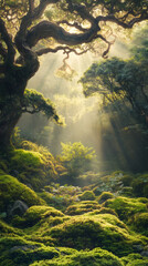 Aufkleber - Sunbeams are filtering through trees in a magical forest illuminating moss covered ground