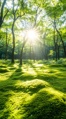 Aufkleber - Bright sunlight filters through trees, illuminating a vibrant green mossy forest floor, creating a tranquil and serene atmosphere