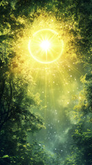 Aufkleber - Sun shining through leaves in an enchanted forest, creating a magical and dreamy atmosphere