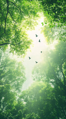 Aufkleber - Sunlight filtering through verdant forest canopy, songbirds gliding across soft spring sky at dawn