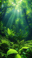 Aufkleber - Bright sunbeams filtering through canopy, illuminating vibrant green ferns and lush vegetation in a tropical rainforest