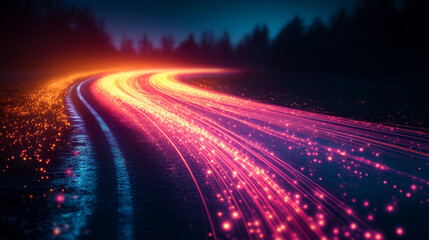 Abstract glowing lines on a dark background symbolize high-speed optical data transmission, vast digital capacity, and modern connectivity, representing the power of optical fiber technology