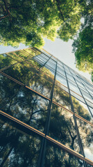 Fototapete - Green foliage reflecting on sleek glass exterior, merging architectural design with natural landscape elements