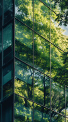 Fototapete - Green foliage mirroring sleek architectural surface, blending natural landscape with contemporary urban design elements