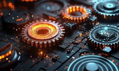 Wall Mural - a close-up of a futuristic gear system with glowing orange and blue lights.