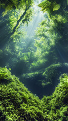 Aufkleber - Sunbeams are illuminating the vegetation of a lush green underwater forest creating a magical atmosphere
