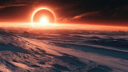 Wall Mural - Wallpaper of alien sun rising casting shadows on icy exoplanet with halftone details