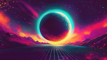 Wall Mural - backdrop with planetary eclipse glowing turquoise rings and retro sci-fi comic textures