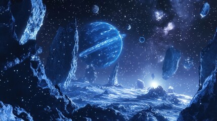 Wall Mural - Backdrop featuring icy exoplanet with glowing rings and halftone comic textures