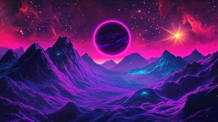 Wall Mural - Wallpaper showcasing a neon nebula subtle halftone textures and glowing cosmic features