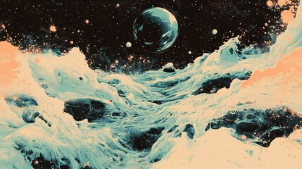 Wall Mural - wallpaper of a cosmic anomaly with glowing cyan and coral vortex and halftone textures