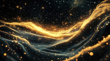 Canvas Print - Backdrop of a cosmic wave with golden light and halftone textures highlighted with starbursts