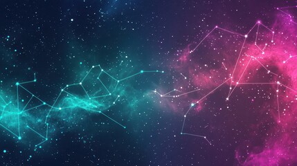 Wall Mural - Backdrop of a neon-lit celestial chart glowing constellations with halftone cosmic dust