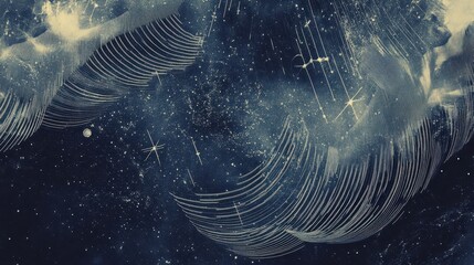 Wall Mural - wallpaper of an abstract cosmic blueprint with glowing star clusters and halftone gradients