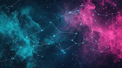 Backdrop of a glowing celestial chart with constellations connected by halftone-dotted lines
