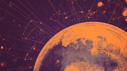 Wall Mural - Backdrop of a vintage sci-fi globe glowing cosmic symbols and faded halftone constellations