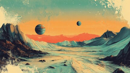 Wall Mural - Wallpaper depicting a 1960s style planetscape with glowing skies and alien terrain