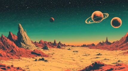 Wall Mural - Wallpaper featuring a surreal planetscape with glowing skies and vintage comic textures