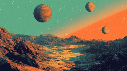 Wall Mural - Wallpaper of a vintage planetscape with glowing skies and distant ringed planets