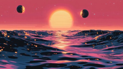 Wall Mural - Backdrop of a glowing seascape with dark waves and floating orbs under a grainy sky