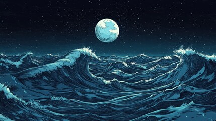 Wall Mural - Backdrop of moonlit ocean with thick waves and deep navy halftones enhanced by ink imperfections