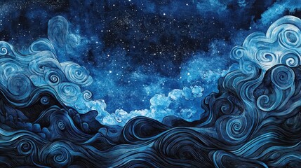 Wall Mural - Backdrop of cosmic ocean fusion with swirling waves and deep blue halftones blending into space