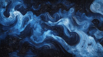 Wall Mural - backdrop of cosmic ocean with deep blue halftones and swirling waves meeting a starry night sky