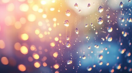 Wall Mural - wallpaper of raindrops on a glass surface with pastel gradients and glowing refractions creating a s