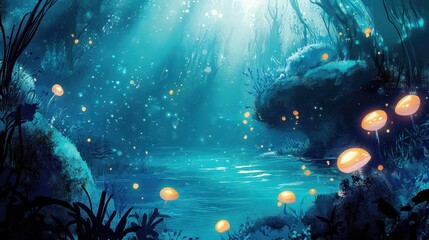 Wall Mural - Blurred underwater reflections in soft ink tones muted cerulean and jade creating a peaceful comic ambiance
