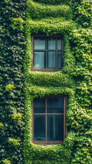 Poster - Verdant ivy climbing weathered building wall, draping over windows and weaving lush green architectural backdrop