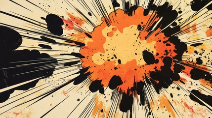 Wall Mural - Wallpaper of a fireball explosion with black ink outlines and halftone gradients