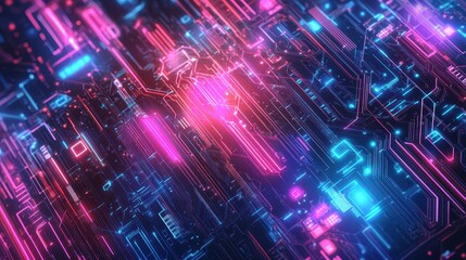 Backdrop featuring a stylized circuit with glowing pulses and retro neon hues