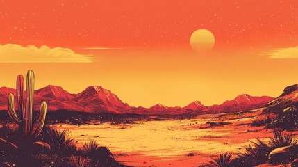 Wall Mural - Cinematic retro wallpaper with sun-baked dunes inked outlines and a golden-orange glow
