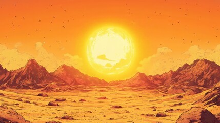 Wall Mural - Warm-toned backdrop with bold inked dunes halftone sky and a sun-bleached vintage feel