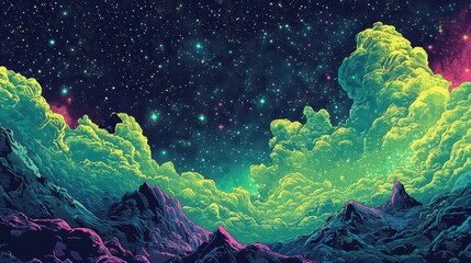 Wall Mural - comic wallpaper depicting aurora borealis in neon colors with halftone celestial textures