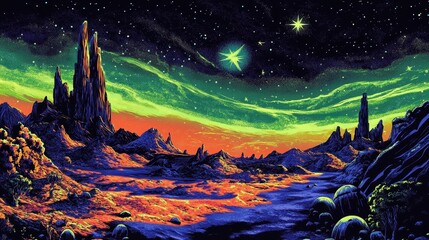 Wall Mural - classic comic wallpaper with aurora borealis neon greens and halftone celestial details