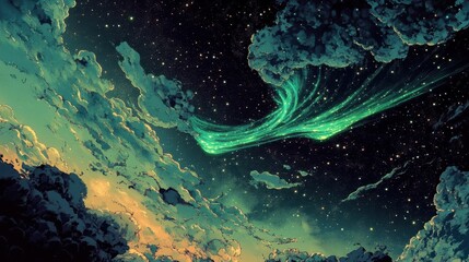 Wall Mural - vintage comic-style northern lights wallpaper with halftone stars and cosmic haze