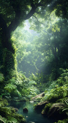 Aufkleber - Sunbeams illuminate a tranquil stream flowing through a lush, green rainforest, creating a serene and magical atmosphere