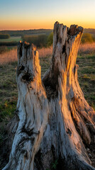 Poster - Weathered tree stumps silhouetted against warm sunset glow, casting peaceful shadows over misty valley landscape
