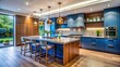 © kansak01 - Modern Blue Kitchen Design: Long Exposure Photography, Sleek Cabinets, Warm Wood Accents, Spacious Layout
