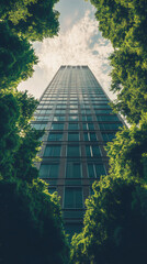 Fototapete - Low angle view of modern office building framed by lush green trees, symbolizing sustainable urban development and harmony between nature and architecture