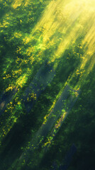Aufkleber - Golden sunbeams filtering through a vibrant green forest canopy, creating a mesmerizing play of light and shadow