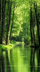 Aufkleber - Lush green forest with a calm river flowing through it, reflecting the trees and sky in spring